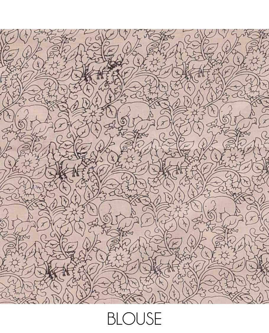 Black floral and bird machine printed kalamkari cotton saree, contrast bird motifs border, and pallu of floral, and geometric print