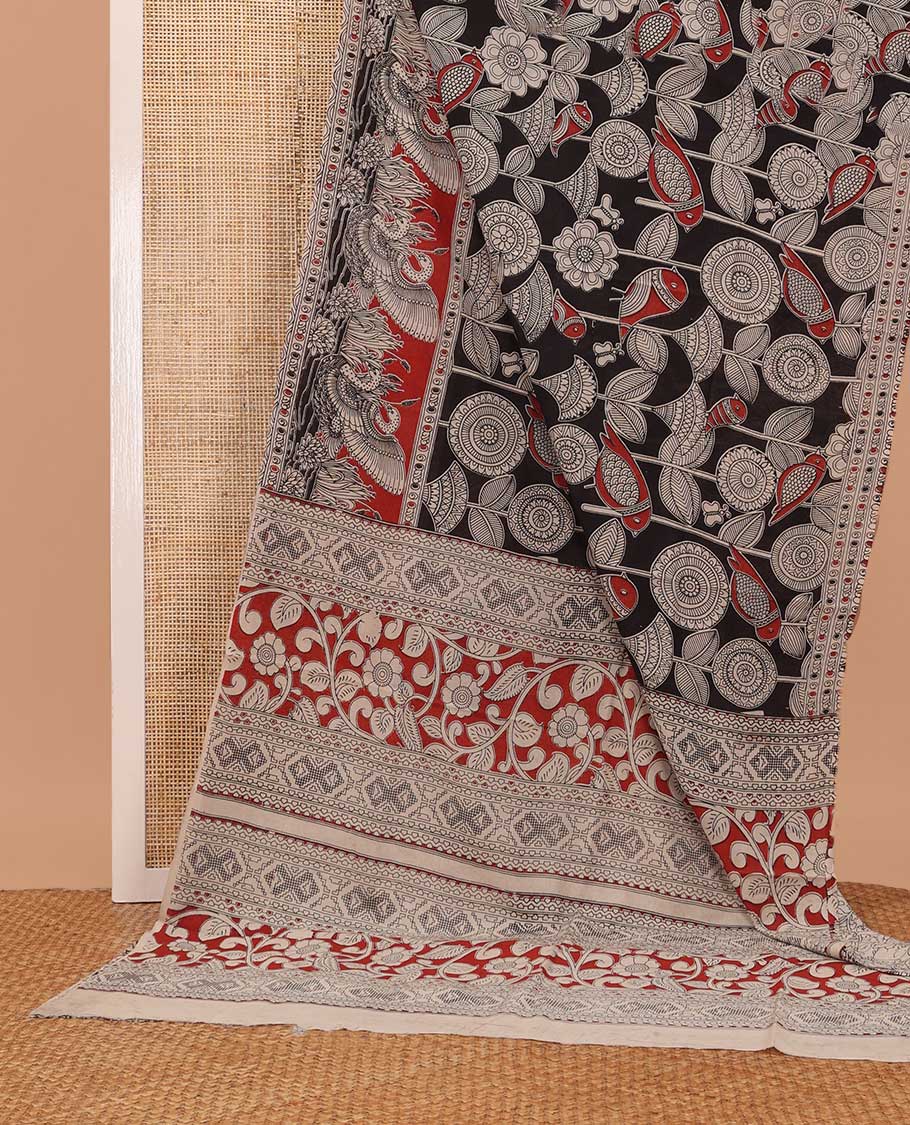 Black floral and bird machine printed kalamkari cotton saree, contrast bird motifs border, and pallu of floral, and geometric print