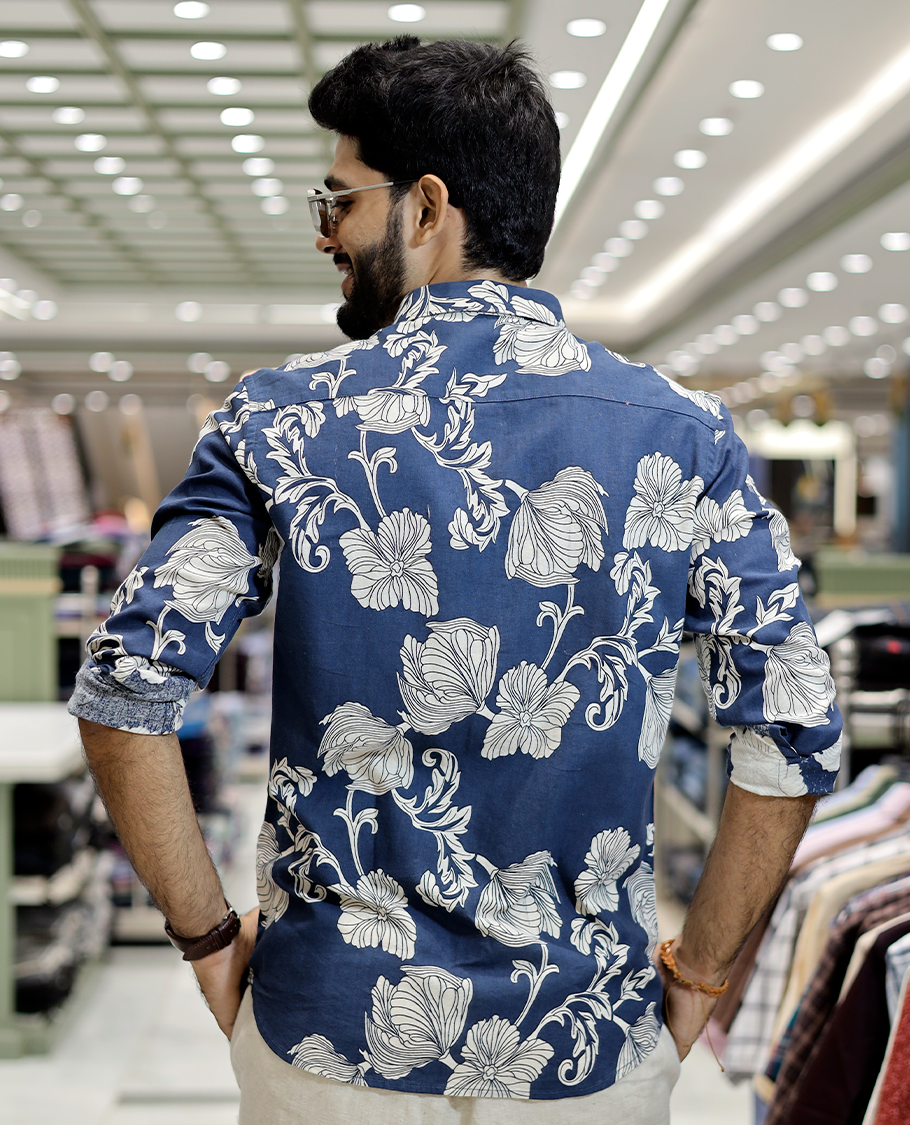 Navy Blue Cotton-Blended Casual Shirt