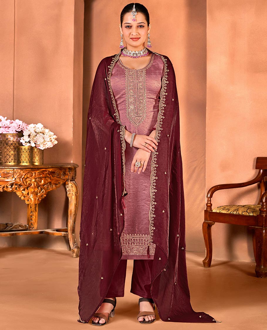Maroon material churidar catalouge floral stone embroidered top with contrast plain bottom & stone embroidery scallop border dupatta