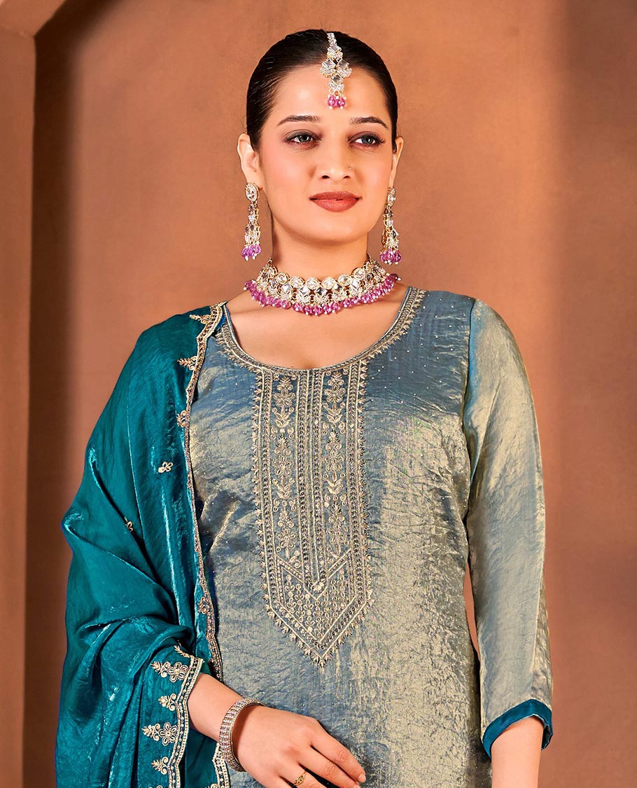 Blue material churidar catalouge floral stone embroidered top with contrast plain bottom & stone embroidery scallop border dupatta
