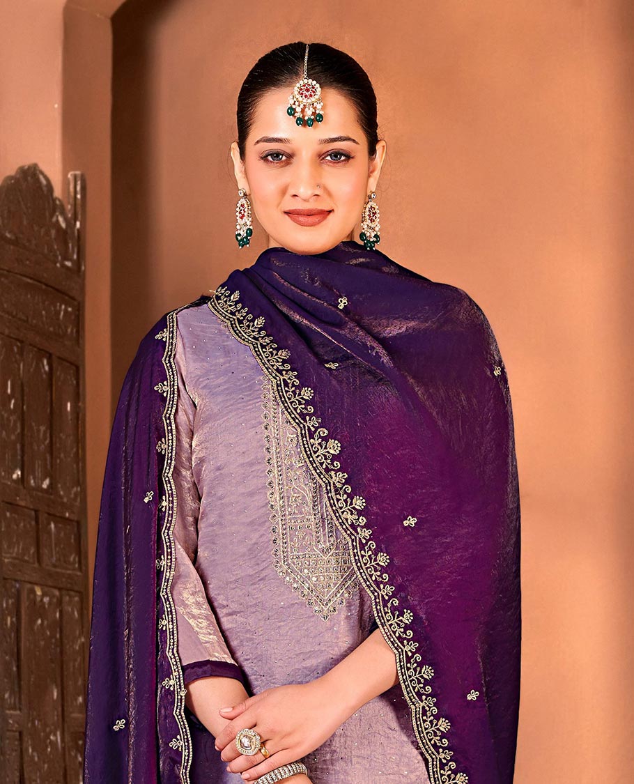 Purple material churidar catalouge floral stone embroidered top with contrast plain bottom & stone embroidery scallop border dupatta