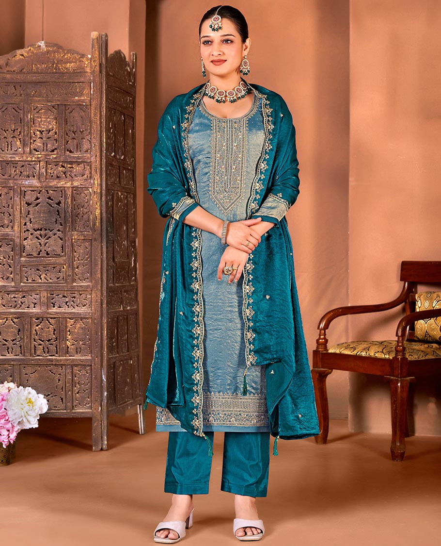 Blue material churidar catalouge floral embroidered top with contrast plain bottom & stone embroidery scallop border dupatta