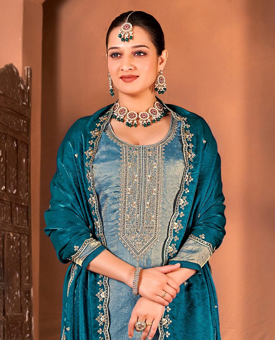 Blue material churidar catalouge floral embroidered top with contrast plain bottom & stone embroidery scallop border dupatta