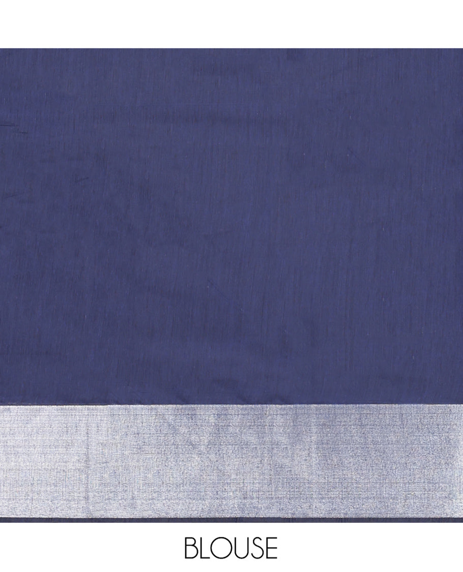 Navy Blue Semi-Silk Cotton Saree, Enriched with Peacock Buttas All Over Its Body, Highlighted by a Self-Border of Peacock Design, Pallu of Peacock Designs, and Paired with a Matching Blouse