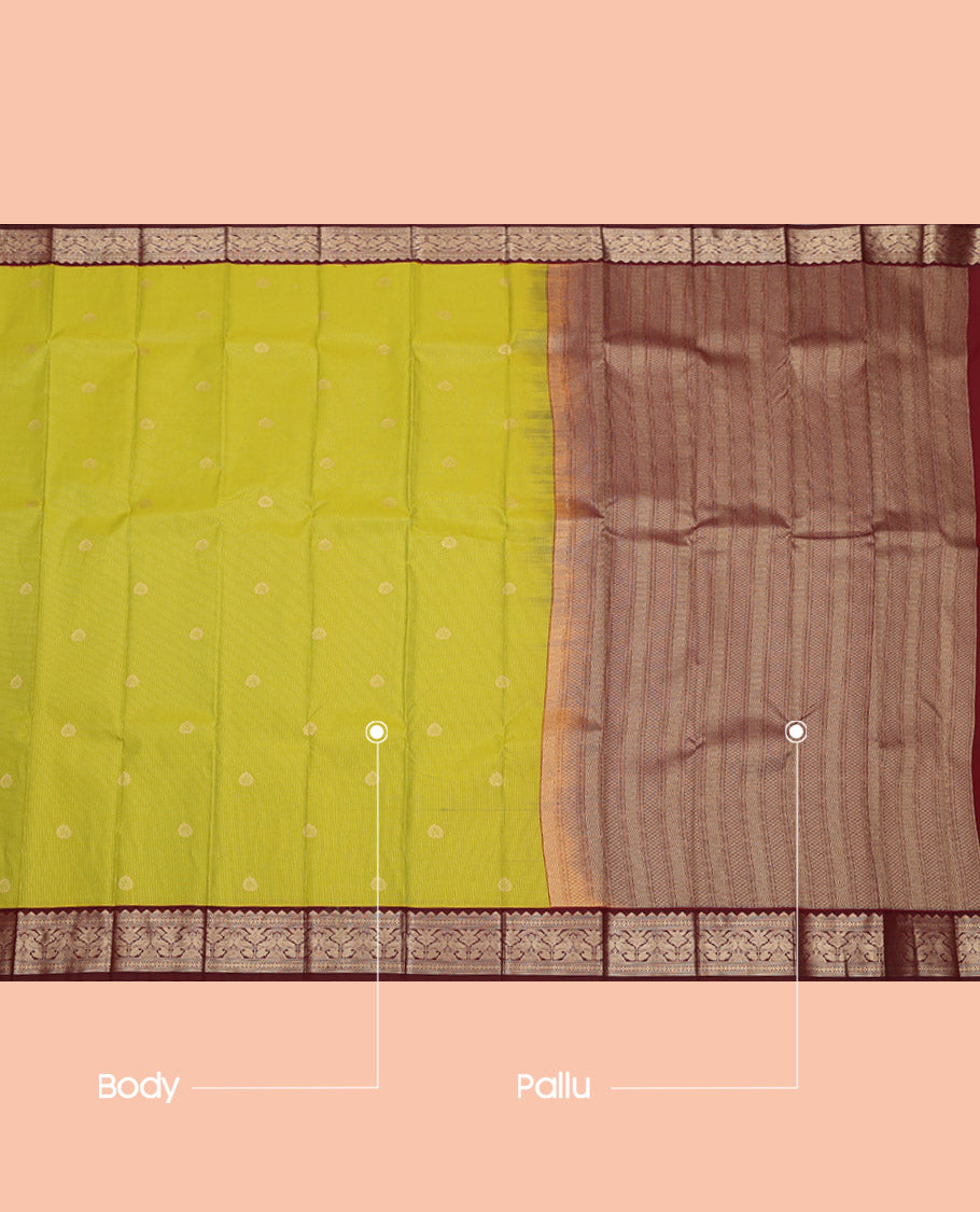 Leaf Green Budget Silk Saree, Sparsely Woven with Zari Buttas and Stripes, Complemented by a Contrast Traditional Zari Border, Grand Pallu, and a Contrast Blouse