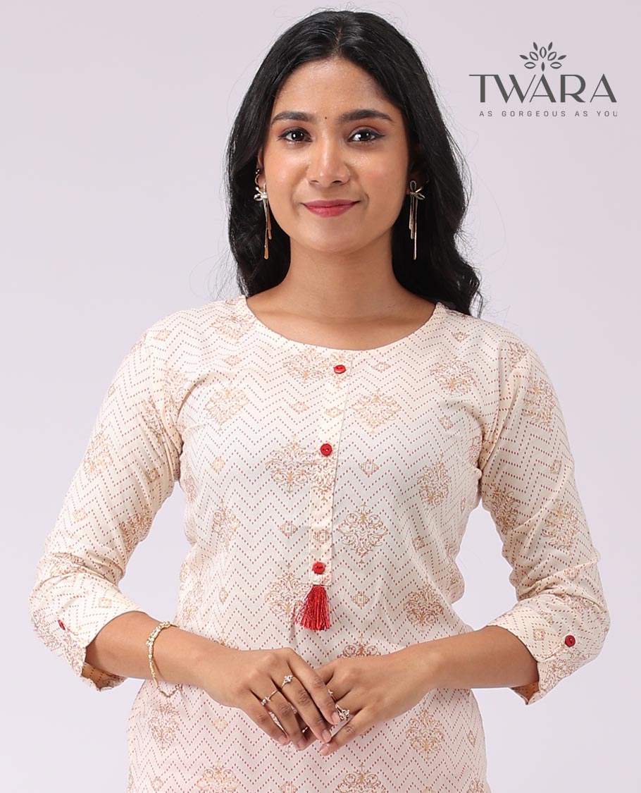 Twara cream geometric design round neck ,3/4 th sleeve ,knee lenght straight cut kurti