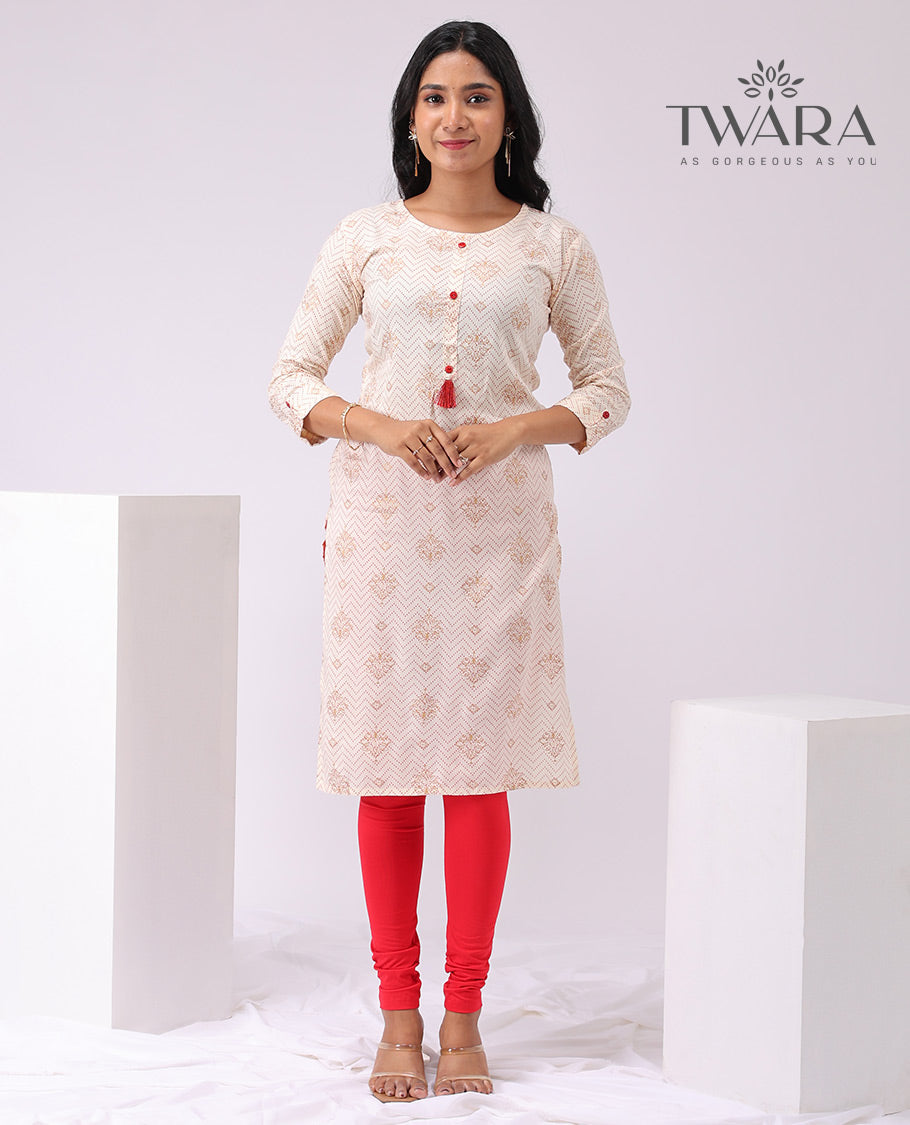 Twara cream geometric design round neck ,3/4 th sleeve ,knee lenght straight cut kurti