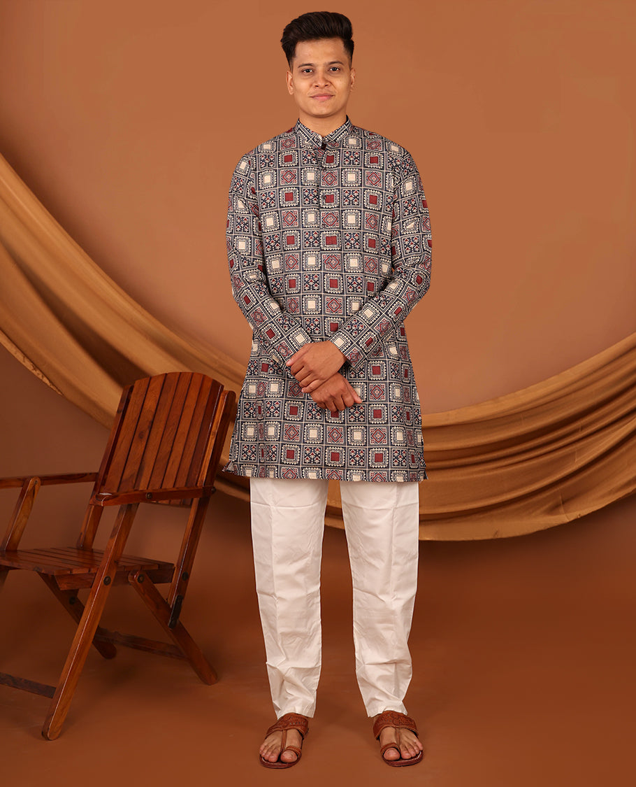 Multi-Color Ajrakh Printed Full-Sleeved Men's Kurta