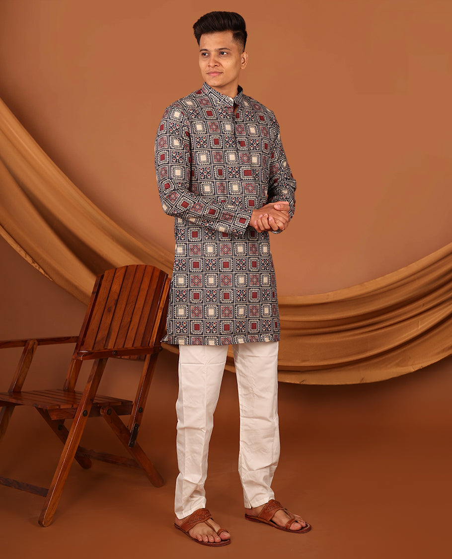 Multi-Color Ajrakh Printed Full-Sleeved Men's Kurta