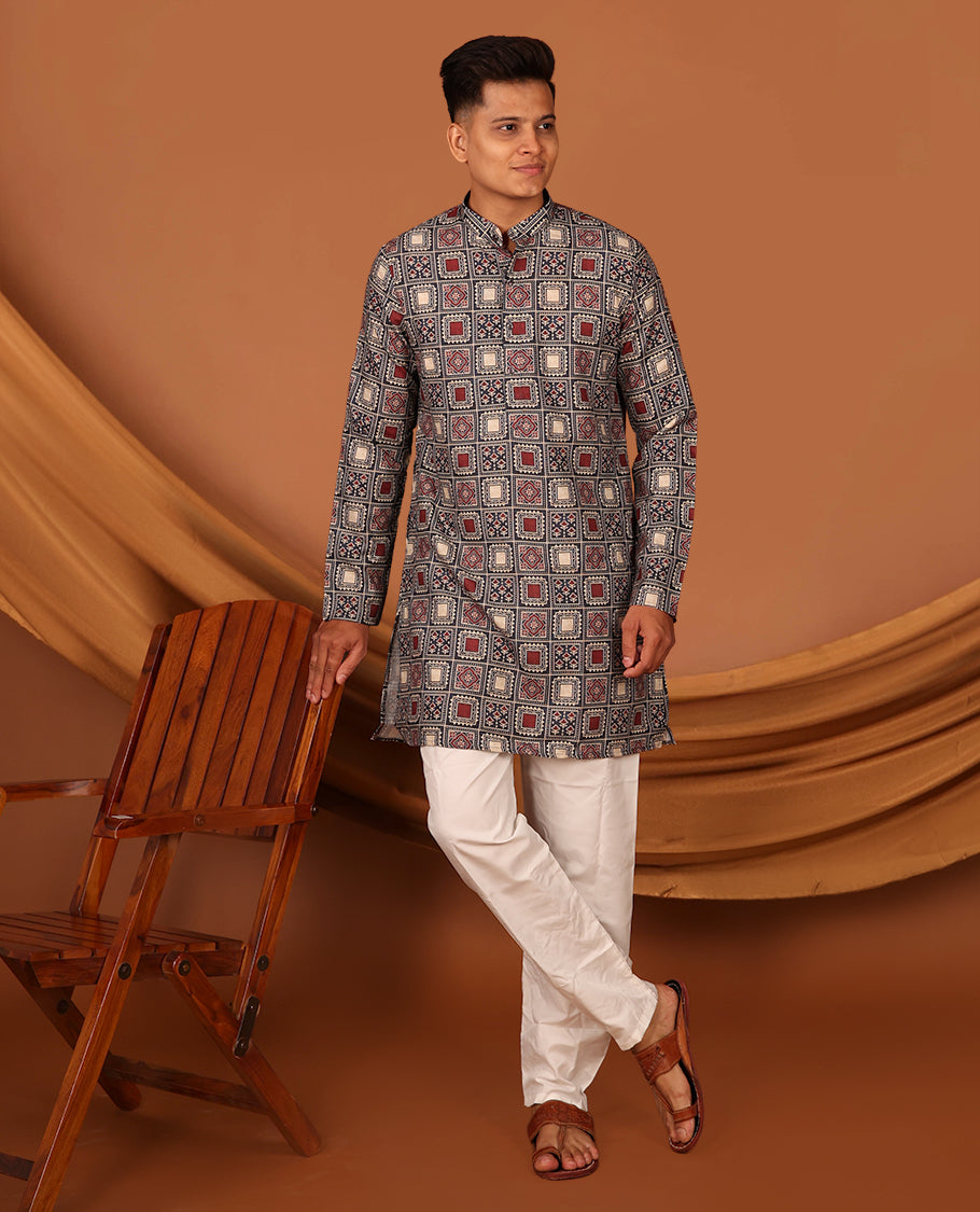 Multi-Color Ajrakh Printed Full-Sleeved Men's Kurta