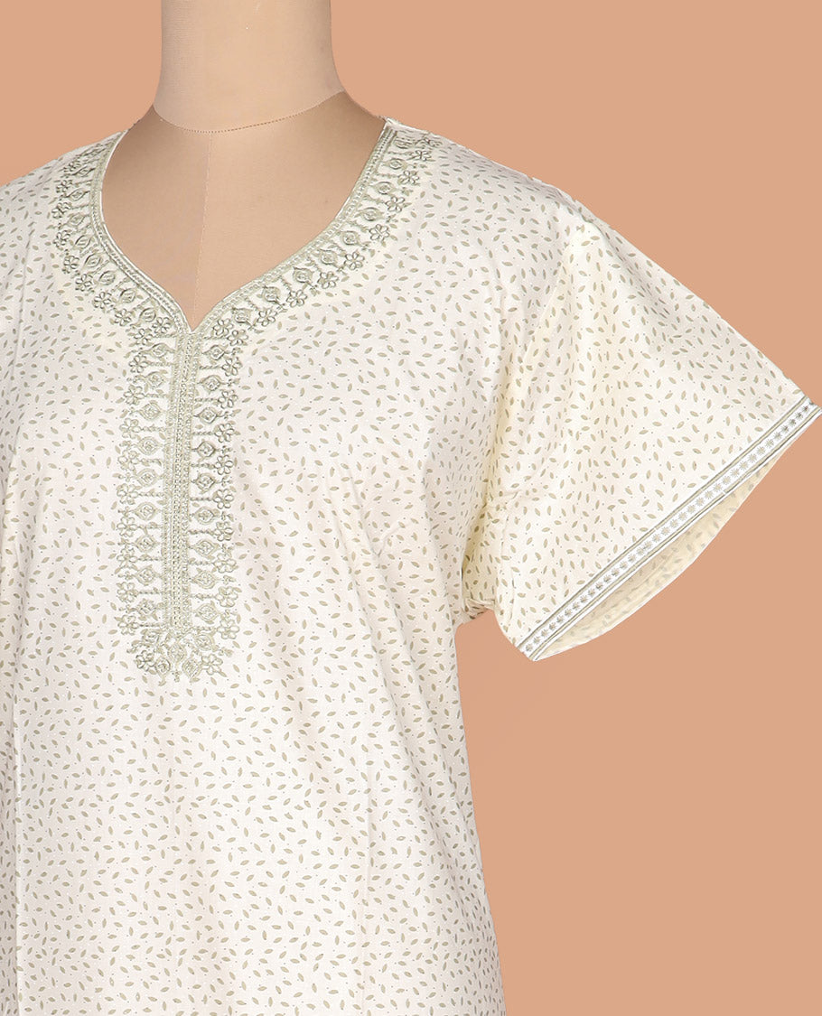 Cream leaf motifs printed leaf-neck embroidered half-sleeve cotton nighty
