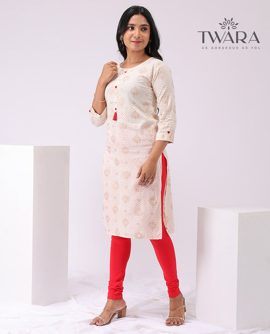 Twara cream geometric design round neck ,3/4 th sleeve ,knee lenght straight cut kurti