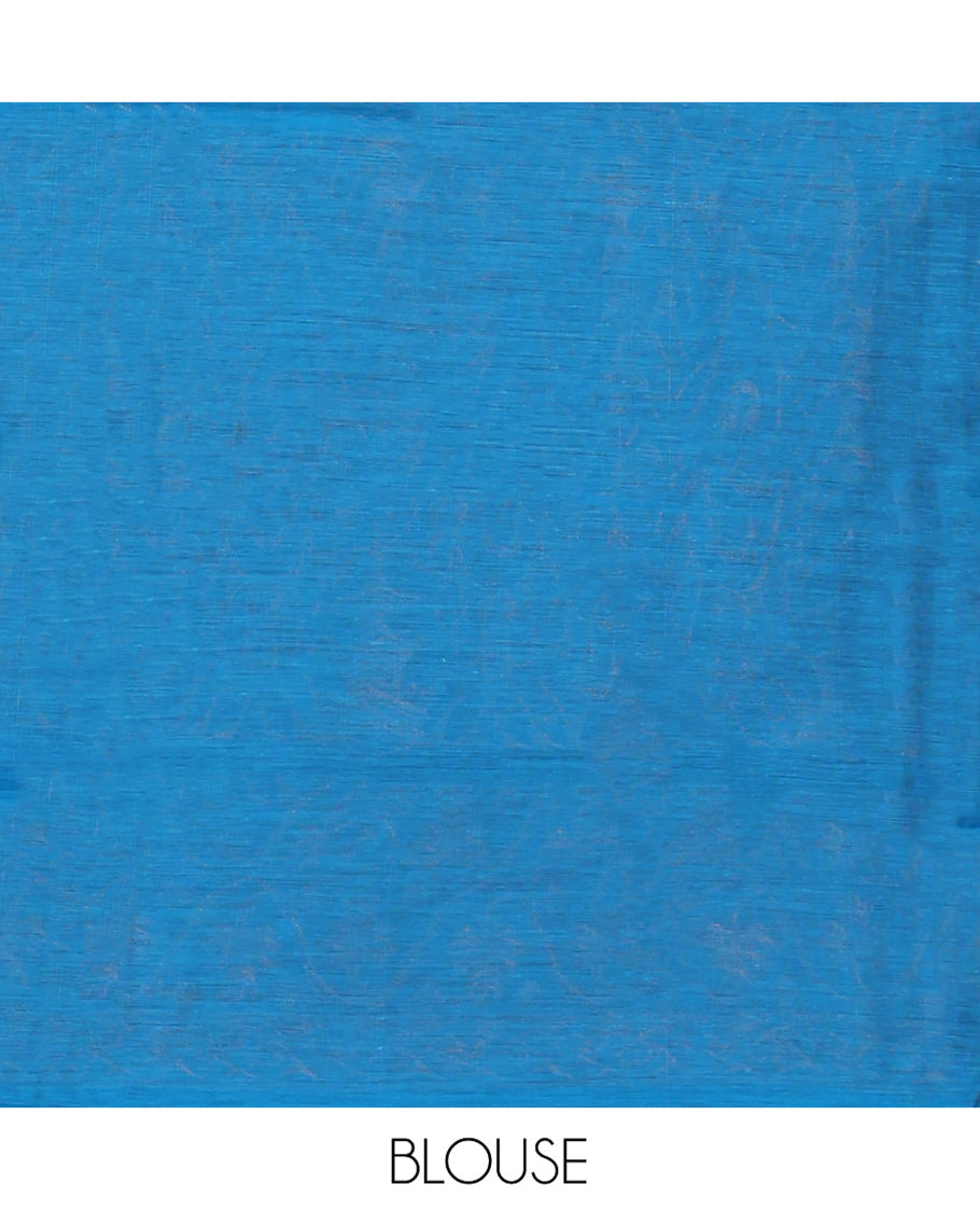 Blue Semi-Silk Cotton Saree, Detailed with Floral Creeper Designs All Over Its Body, Complemented by a Contrast Border of Paisley Design, Pallu of Paisley Designs, and Paired with a Matching Blouse