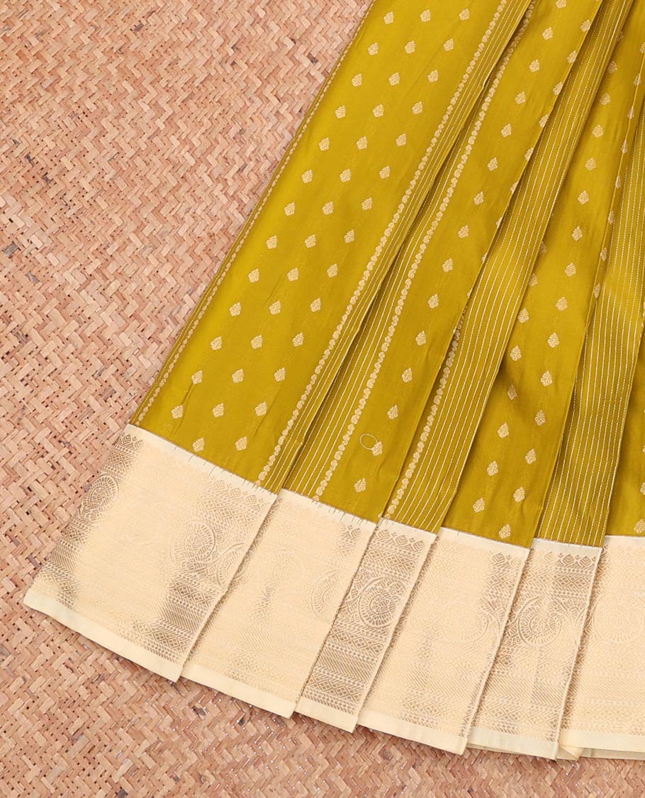 Mustard Budget Silk Saree, Sparsely Threaded with Zari Buttas and Stripes, Complemented by a Contrast Traditional Zari Border, Grand Pallu, and a Contrast Blouse