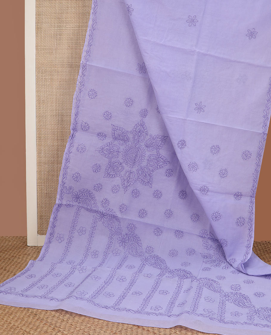 Lavender flower butta thread embroidered Lucknowi chikankari saree, flower border, & floral-paisley embroidered pallu