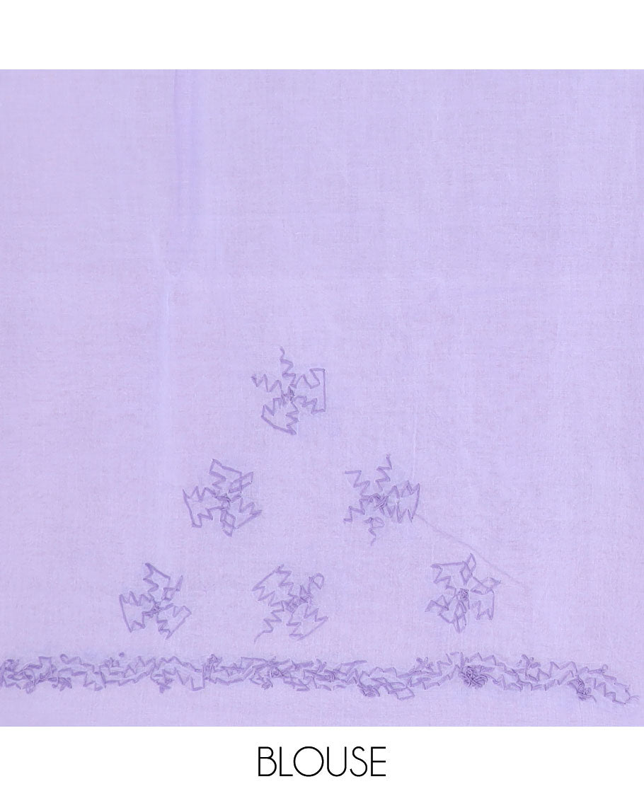 Lavender flower butta thread embroidered Lucknowi chikankari saree, flower border, & floral-paisley embroidered pallu