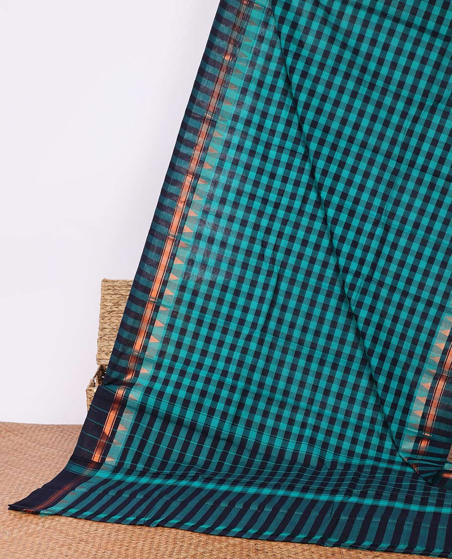 Blue-checked design Chettinad cotton saree, temple border & striped pallu