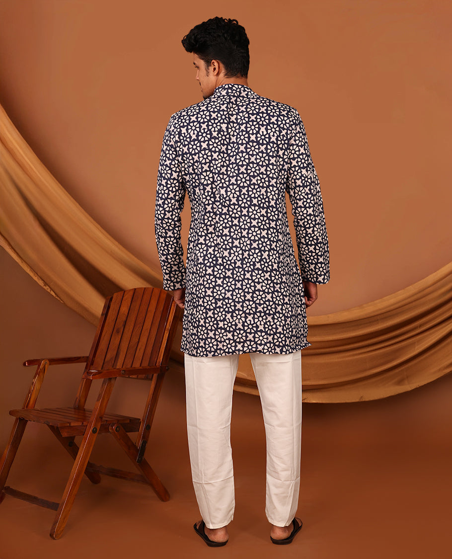Blue Batik-Style Printed Full-Sleeved Men's Kurta