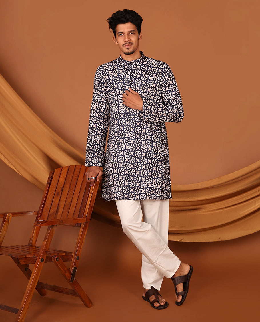 Blue Batik-Style Printed Full-Sleeved Men's Kurta