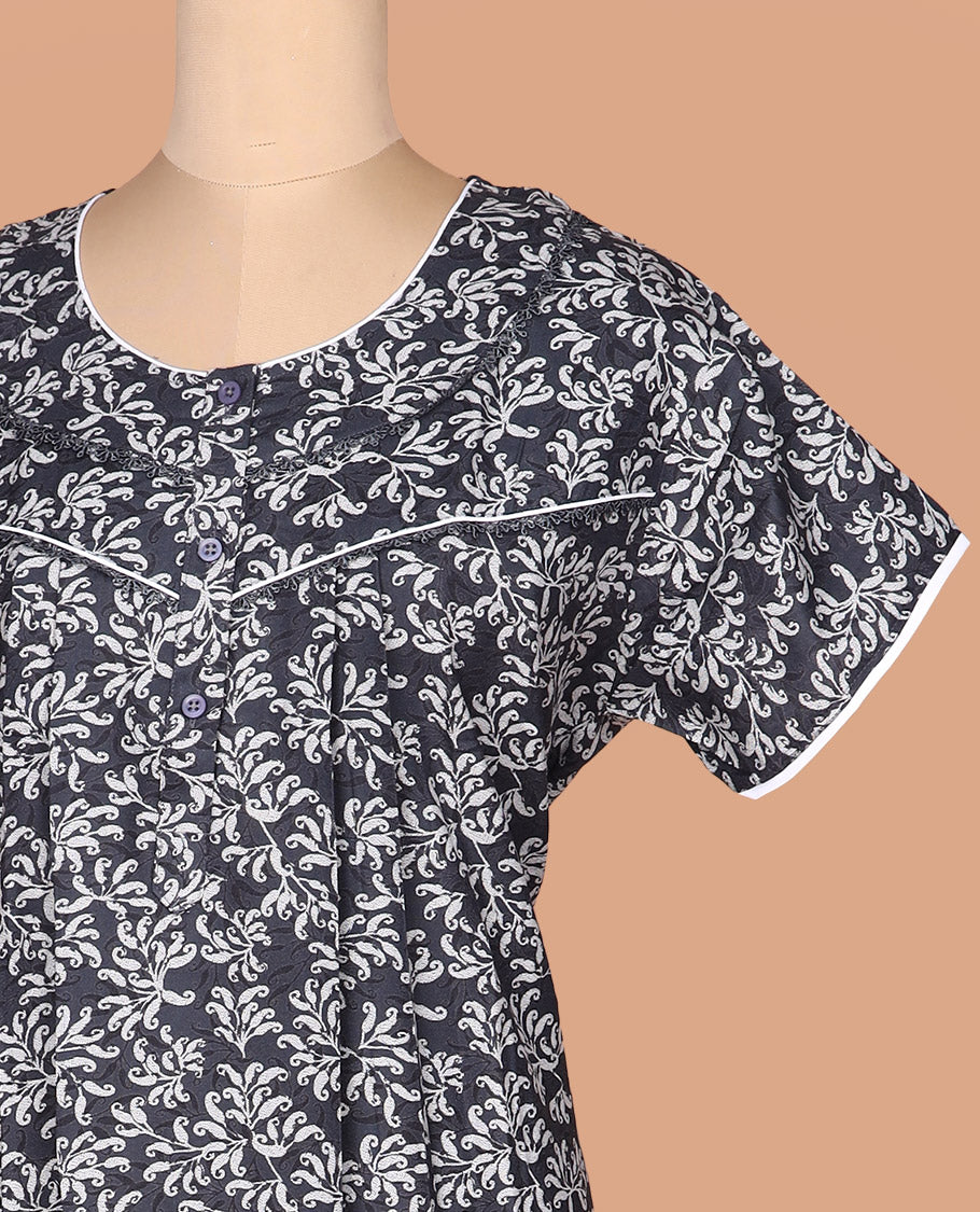 Grey paisley printed round neck lace work half-sleeve cotton nighty