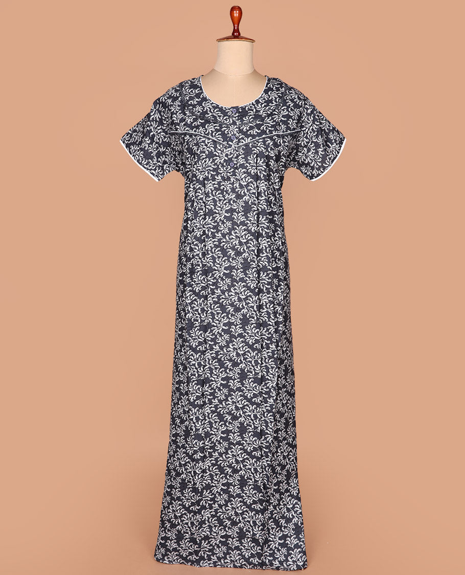 Grey paisley printed round neck lace work half-sleeve cotton nighty