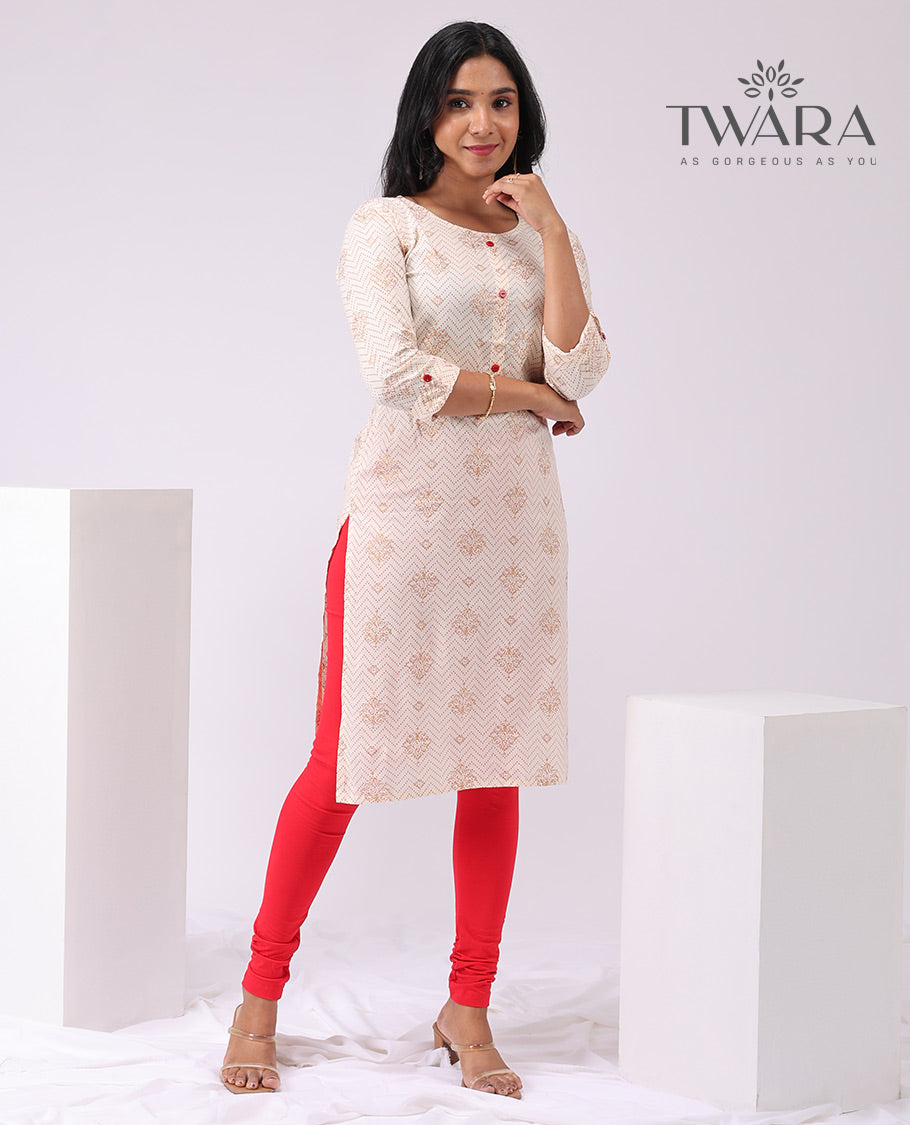 Twara cream geometric design round neck ,3/4 th sleeve ,knee lenght straight cut kurti