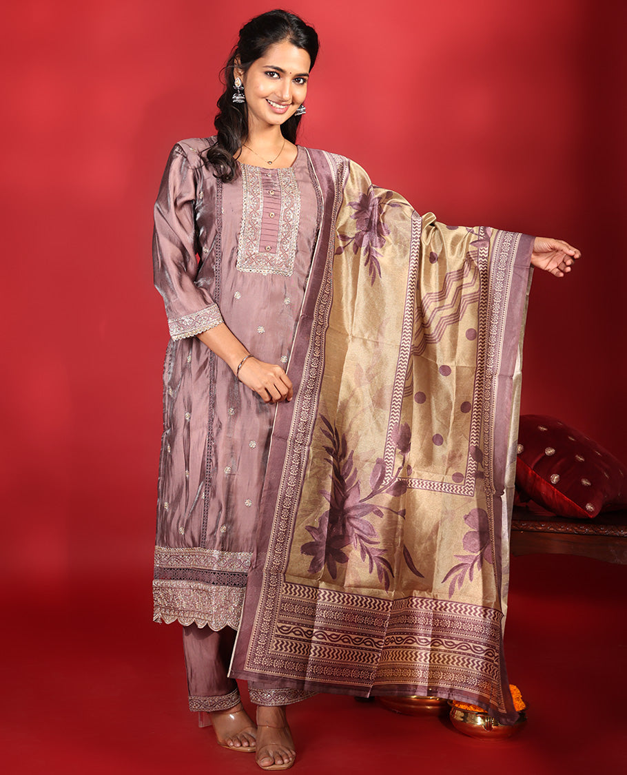 Rosewood Pink Vichitra Silk Readymade Suit