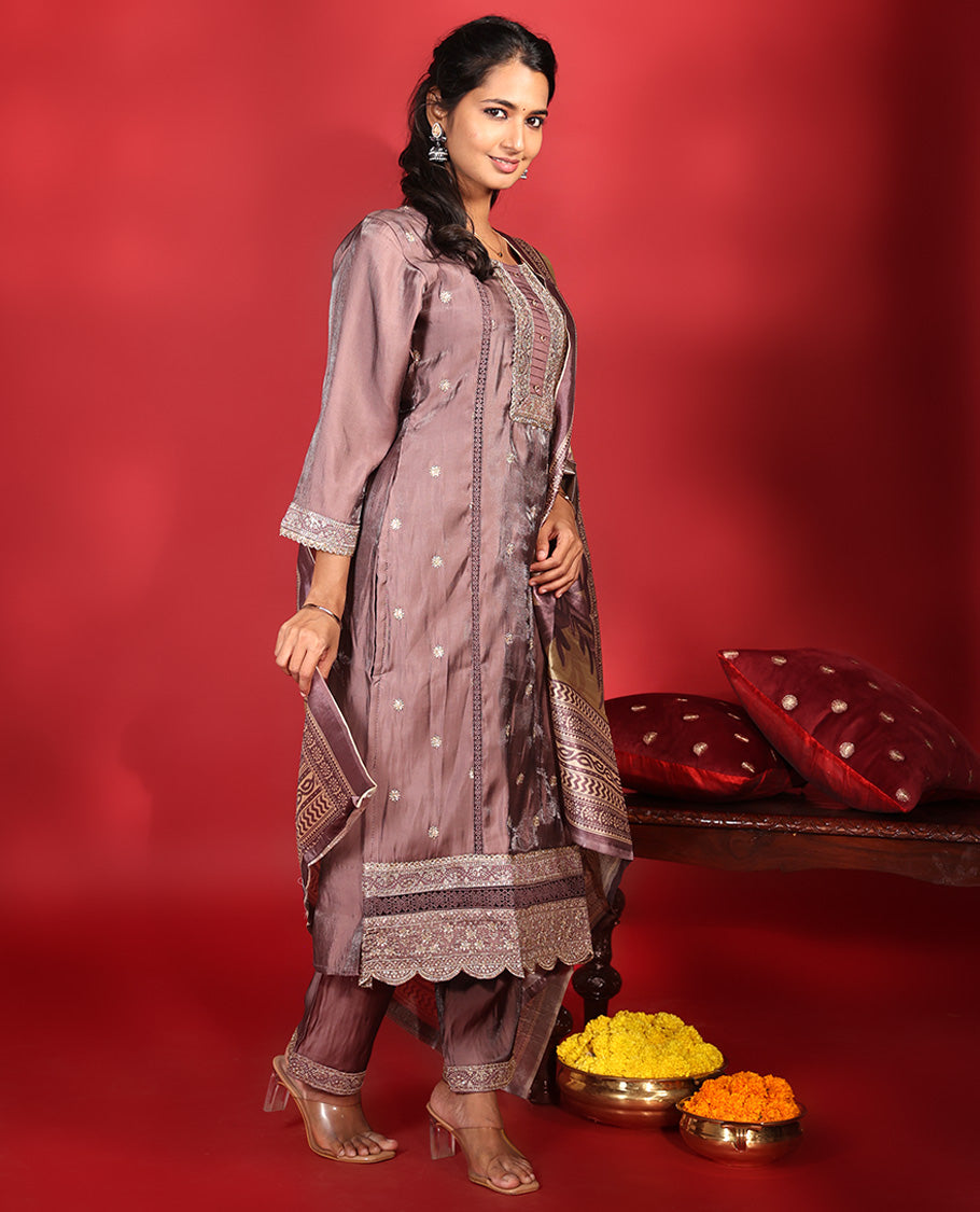 Rosewood Pink Vichitra Silk Readymade Suit