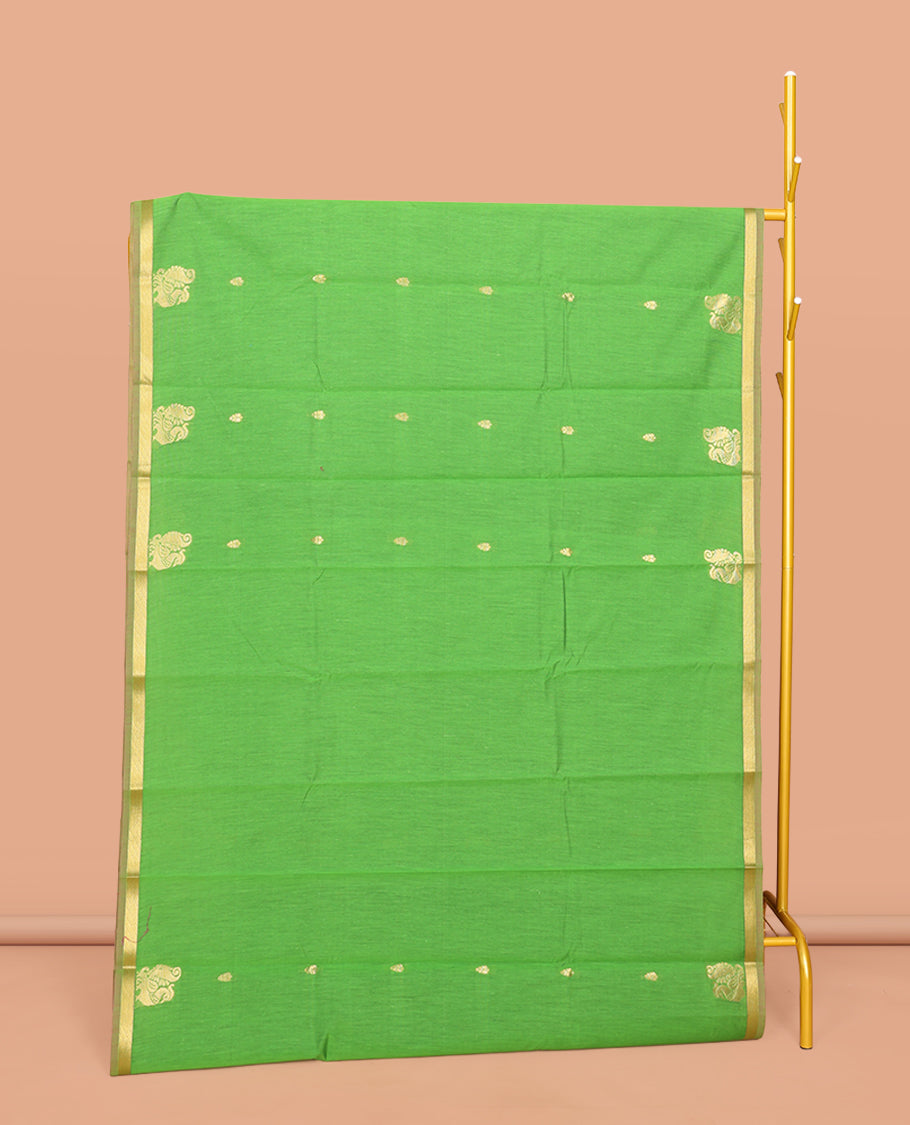 Parrot Green Semi-Silk Cotton Saree, Adorned with Buttas and Peacock Buttas All Over Its Body, Complemented by a Contrast Piping Border, Pallu of Peacock Butta Enclosed in a Checked Design, and Paired with a Contrast Blouse