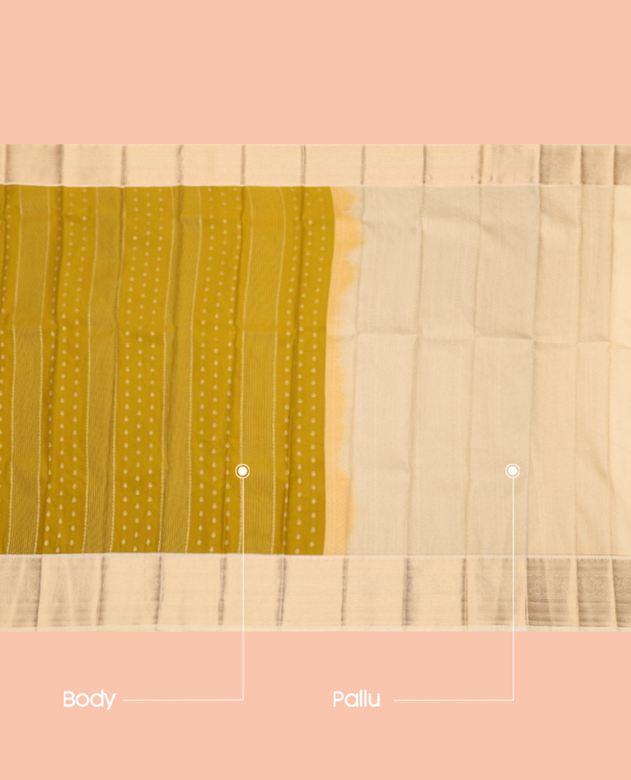 Mustard Budget Silk Saree, Sparsely Threaded with Zari Buttas and Stripes, Complemented by a Contrast Traditional Zari Border, Grand Pallu, and a Contrast Blouse