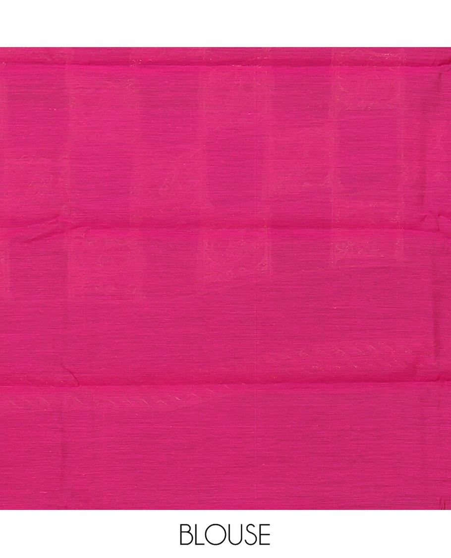 Parrot Green Semi-Silk Cotton Saree, Adorned with Buttas and Peacock Buttas All Over Its Body, Complemented by a Contrast Piping Border, Pallu of Peacock Butta Enclosed in a Checked Design, and Paired with a Contrast Blouse