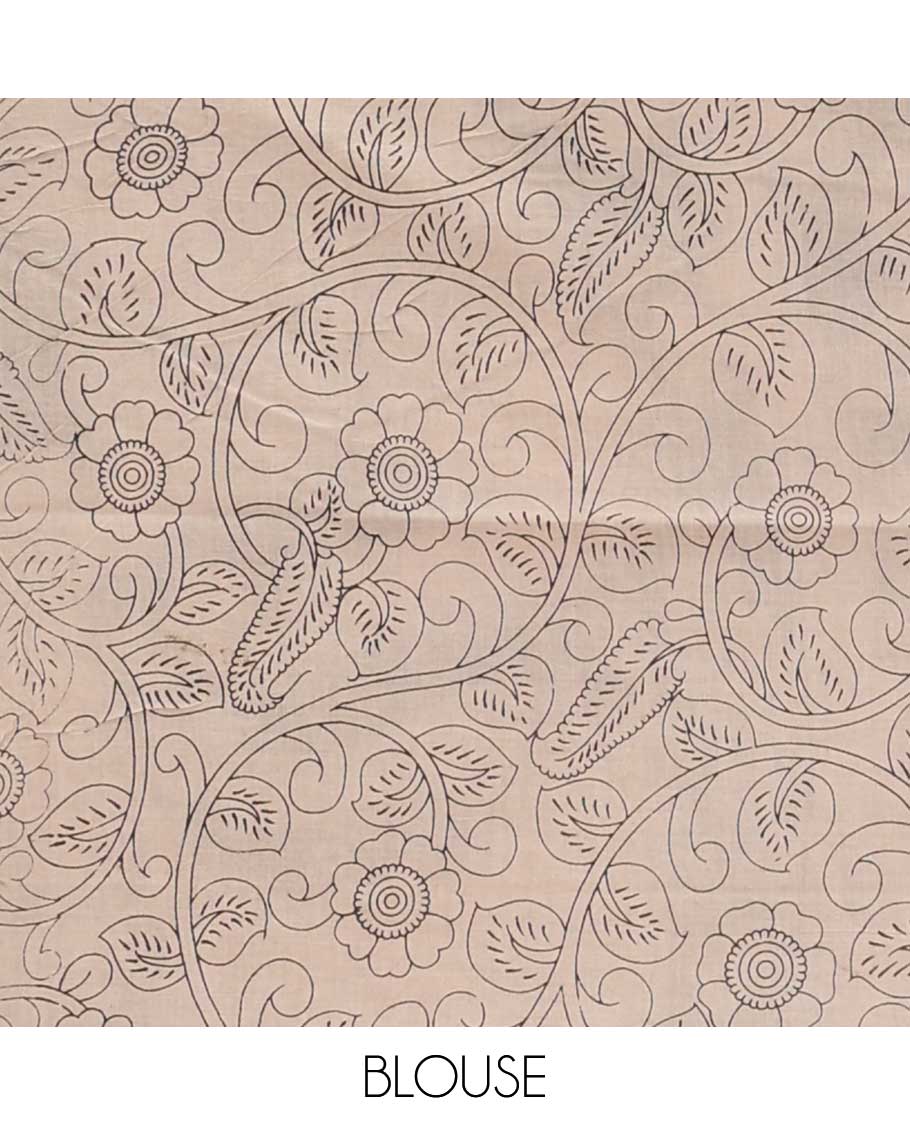 Cream chevron stripes machine printed kalamkari cotton saree, contrast Wedding theme printed border, and flora-fauna printed pallu