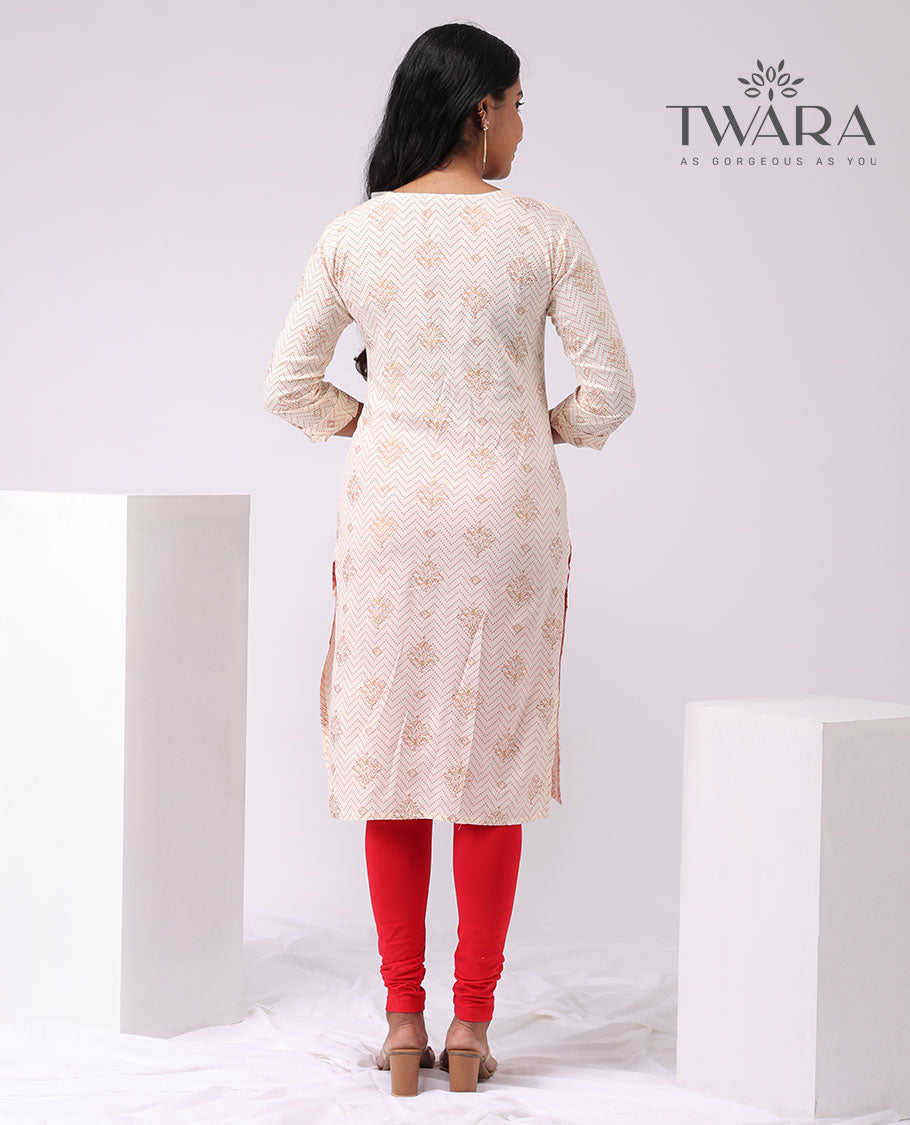 Twara cream geometric design round neck ,3/4 th sleeve ,knee lenght straight cut kurti