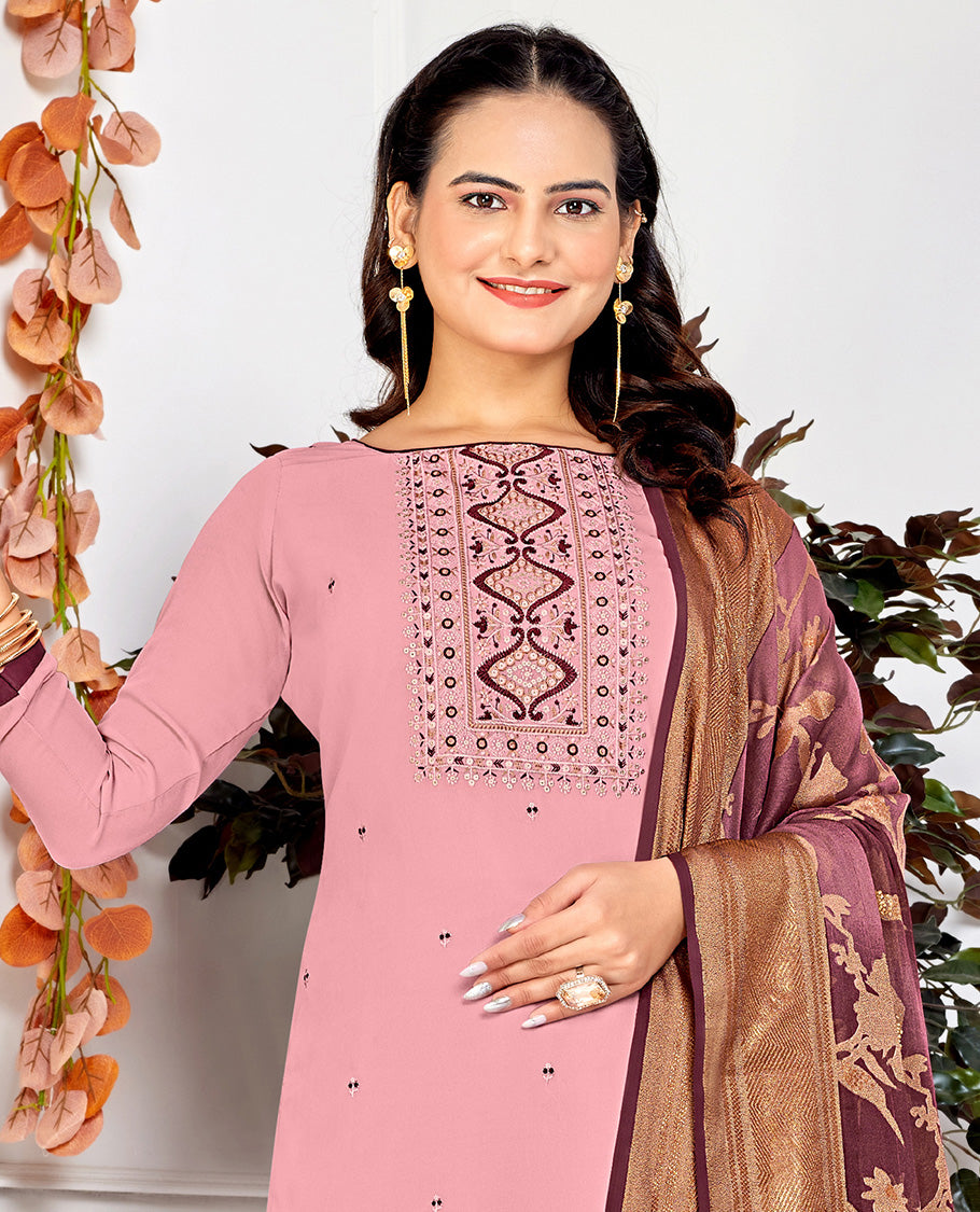 Pink dress material catalouge floral embroidery top with straigth pants & floral design dupatta