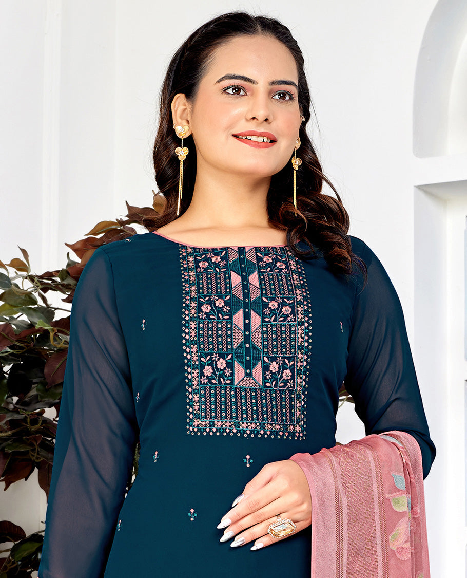 Blue dress material catalouge floral embroidery top with straigth pants & floral design dupatta