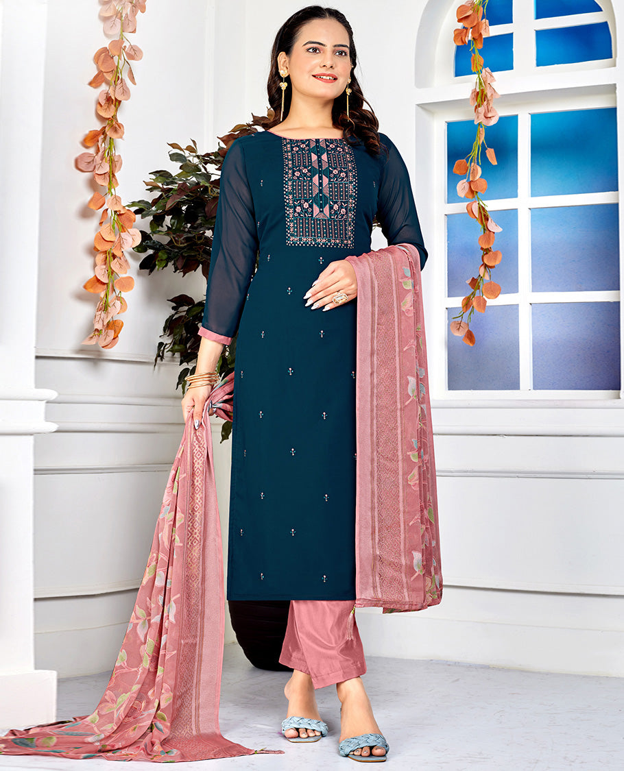 Blue dress material catalouge floral embroidery top with straigth pants & floral design dupatta