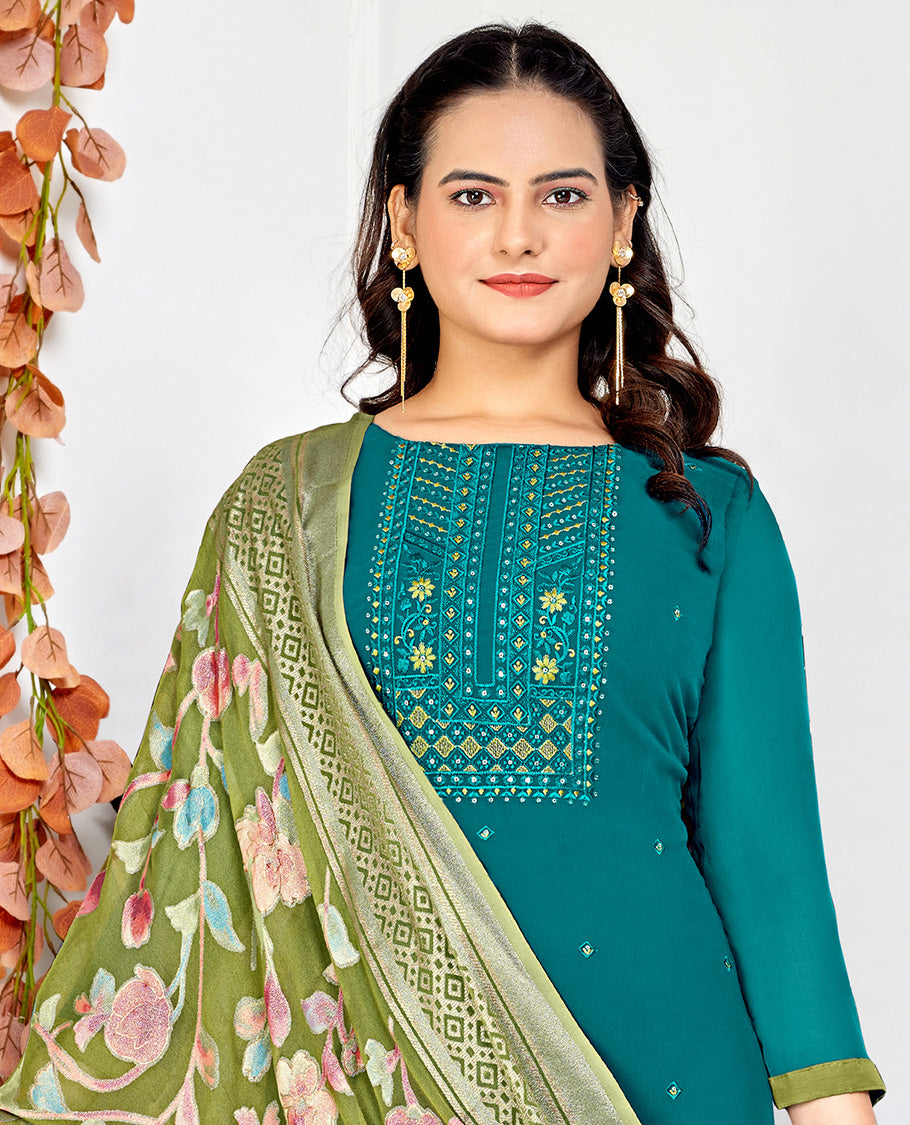 Sea blue dress material catalouge floral embroidery top with straigth pants & floral design dupatta