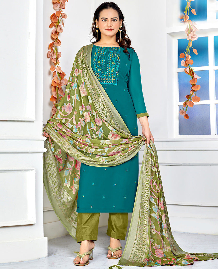 Sea blue dress material catalouge floral embroidery top with straigth pants & floral design dupatta