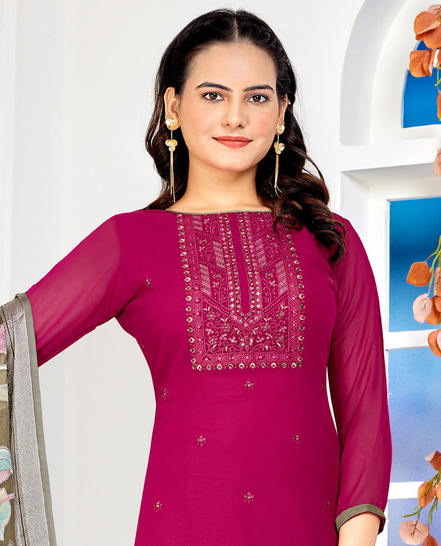 Magenta dress material catalouge floral embroidery top with straigth pants & floral design dupatta