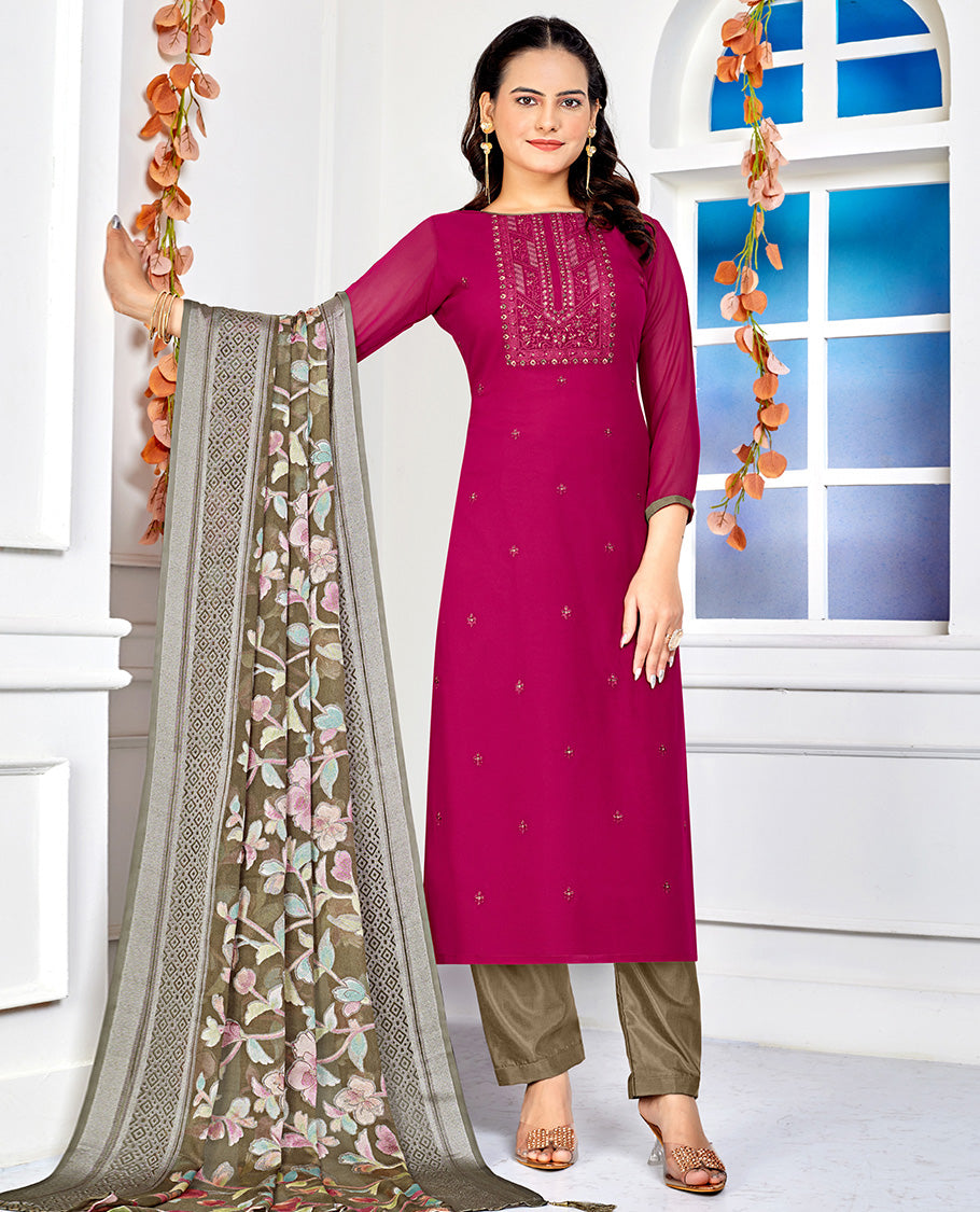 Magenta dress material catalouge floral embroidery top with straigth pants & floral design dupatta