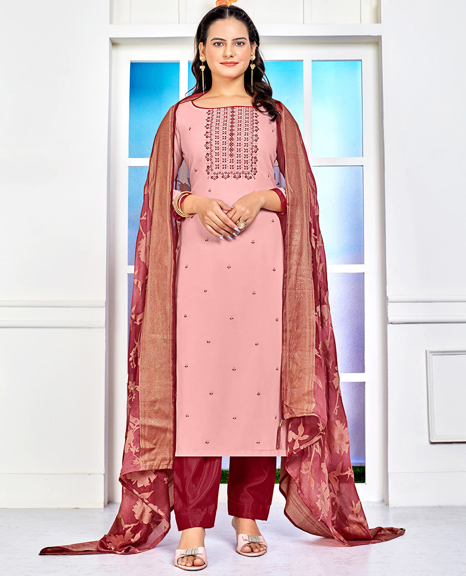 Light pink dress material catalouge floral embroidery top with straigth pants & floral design dupatta