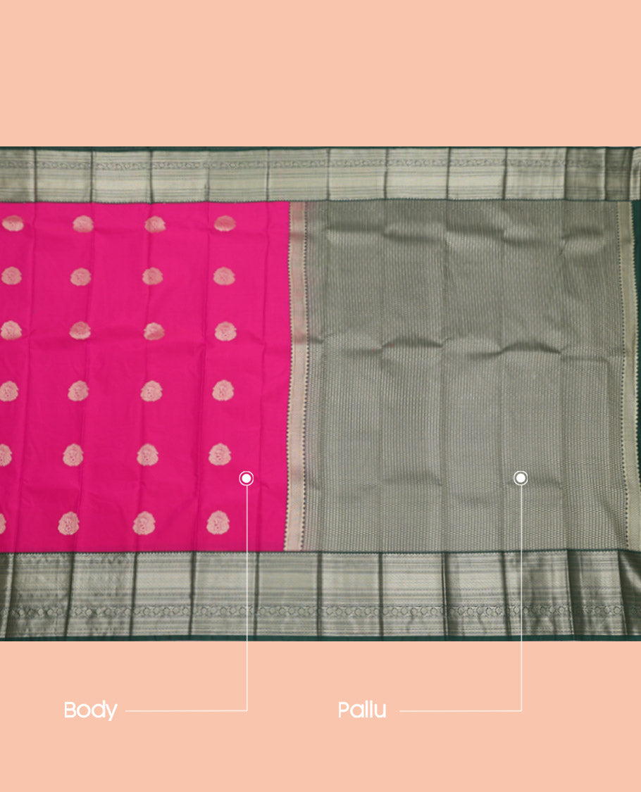 Rani Pink Budget Silk Saree, Detailed with Zari Buttas, Complemented by a Contrast Traditional Zari Border, Grand Pallu, and a Contrast Blouse