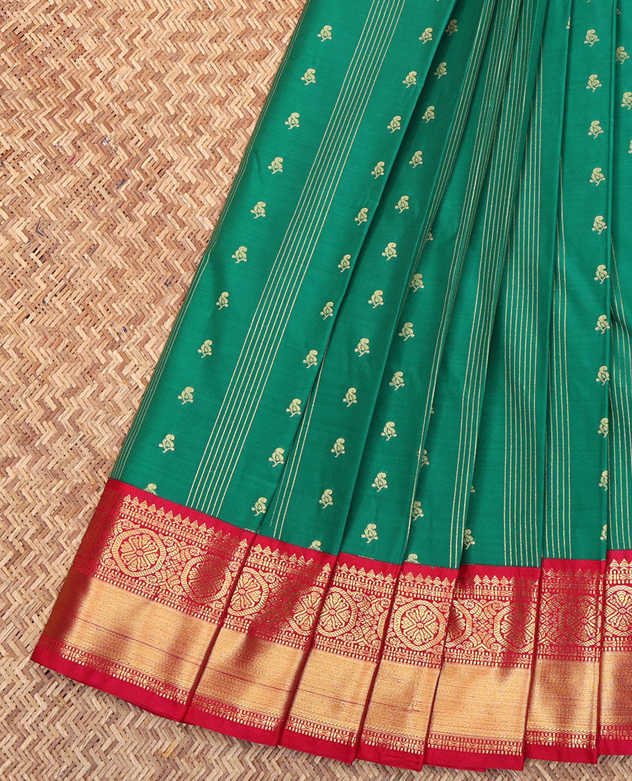 Green Budget Silk Saree, Masterfully Woven with Zari Buttas and Stripes All Over Its Body, Complemented by a Contrast Traditional Zari Design Border, Grand Geometric-Patterns Pallu, and Paired with a Contrast Blouse