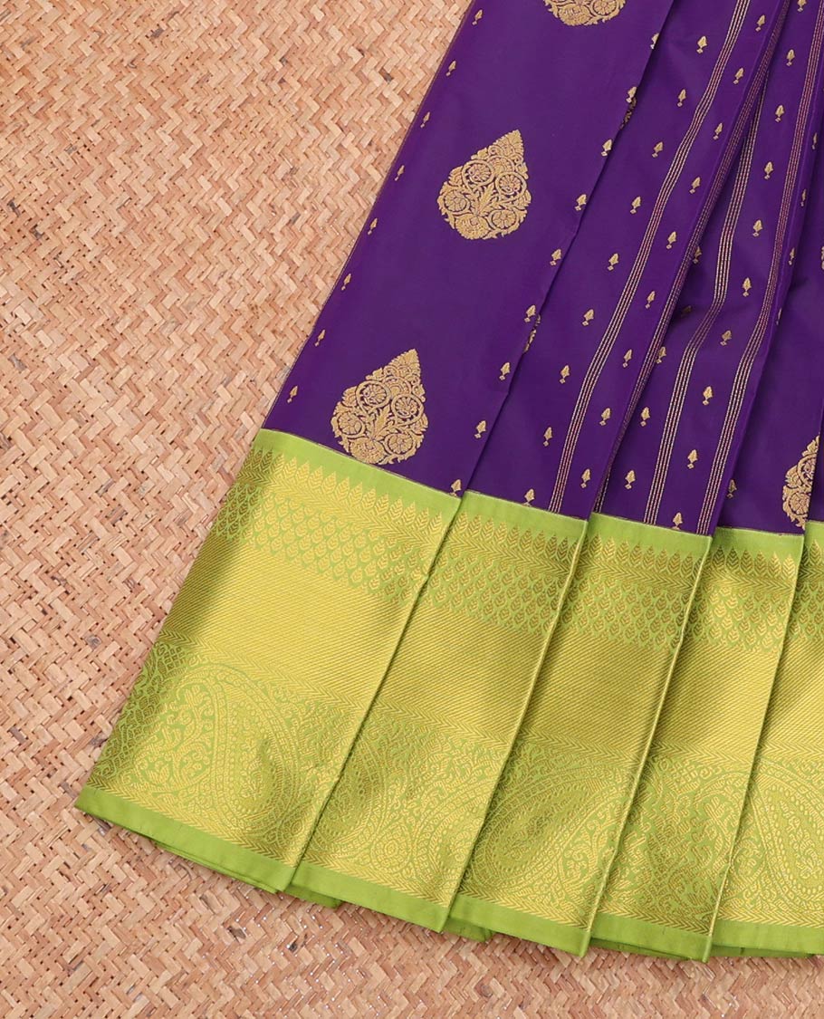Violet Budget Silk Saree, Finely Crafted with Zari Buttas, Complemented by a Contrast Traditional Zari Border, Grand Pallu, and a Contrast Blouse