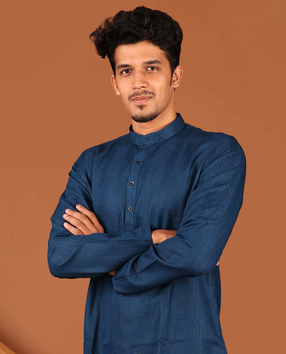 Dark Blue Embossed Full-Sleeved Men's Kurta