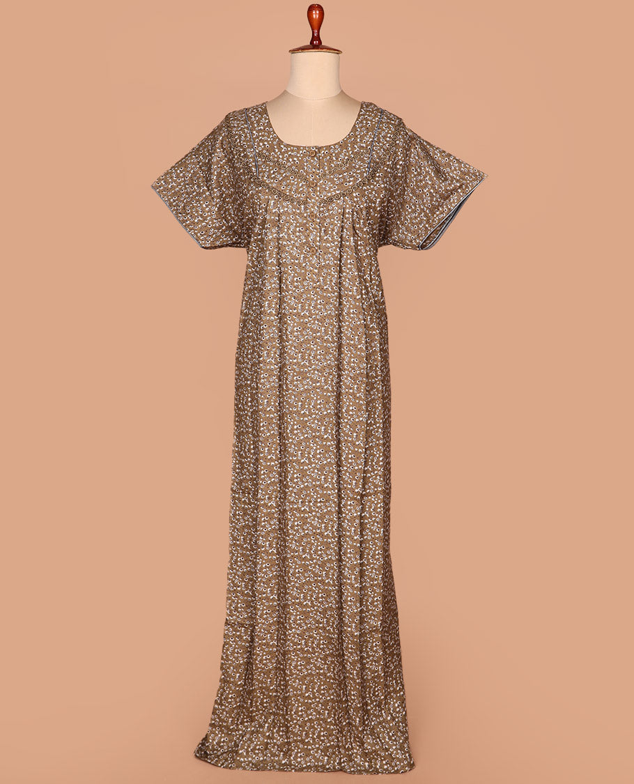 Brown floral printed with lace work round neck half-sleeve cotton nighty