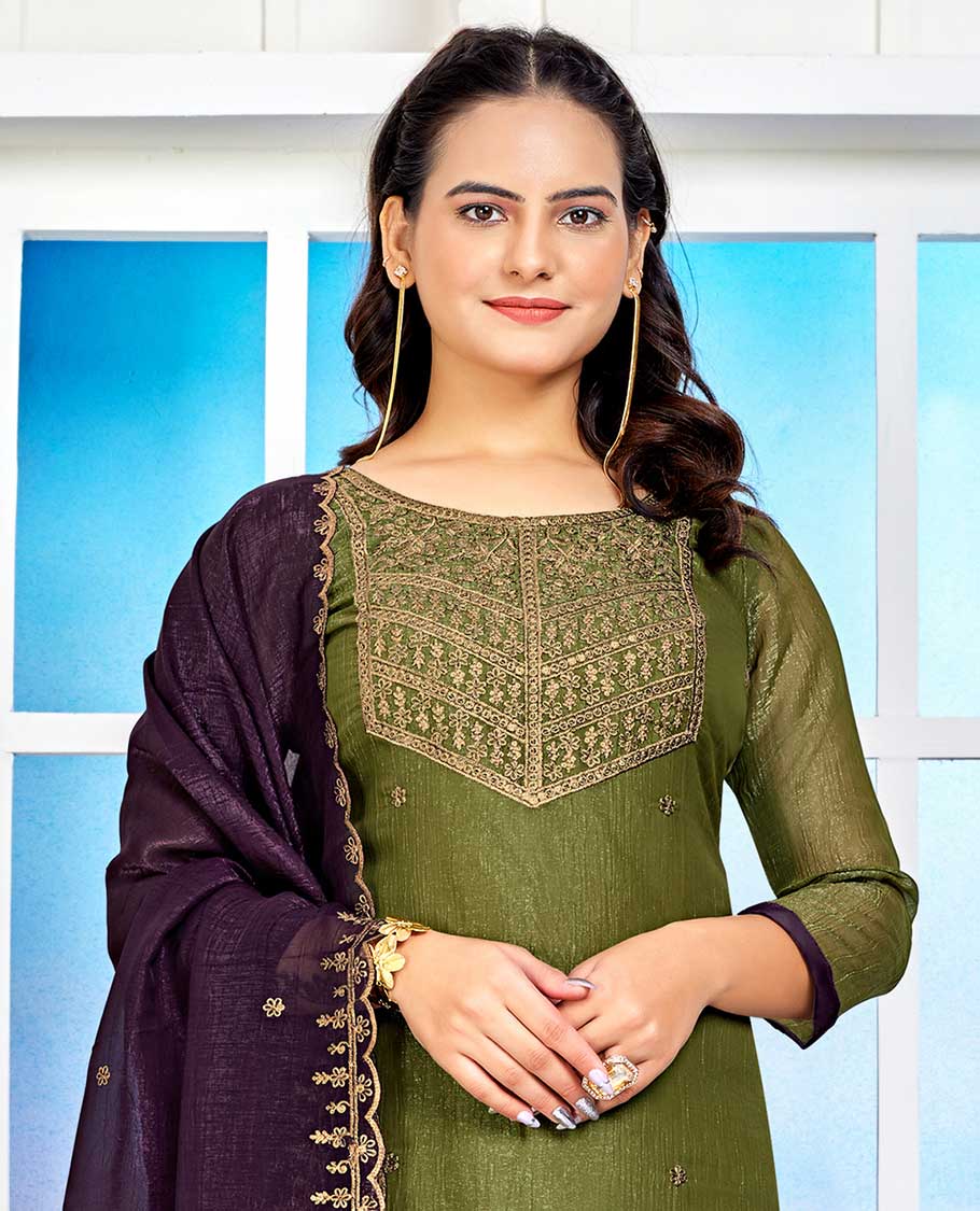 Green material churidar catalouge floral embroidered top with plain bottom & floral embroidered dupatta