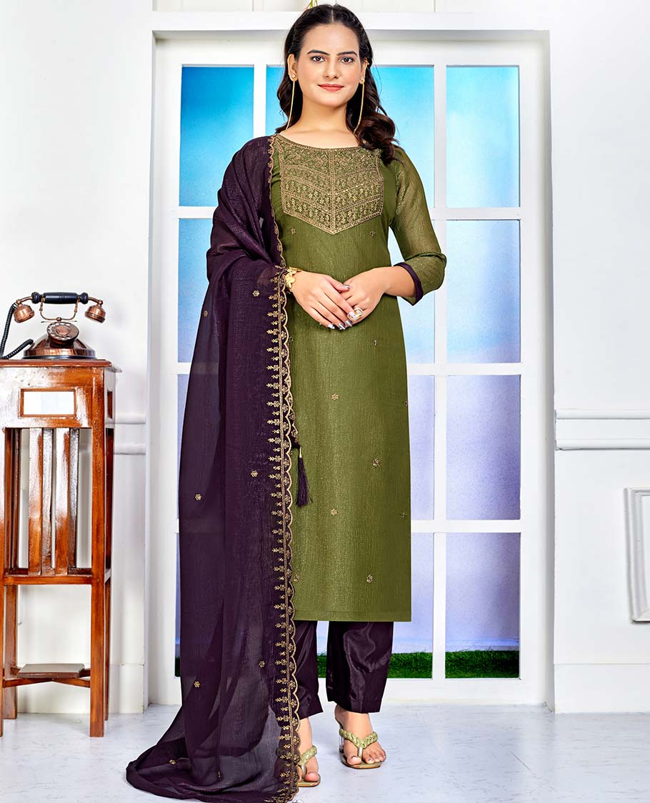 Green material churidar catalouge floral embroidered top with plain bottom & floral embroidered dupatta