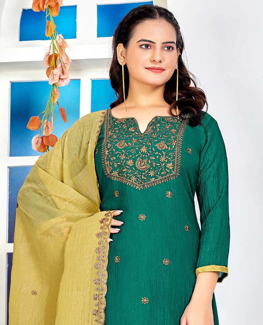 Sea green material churidar catalouge floral embroidered top with plain bottom & floral embroidered dupatta